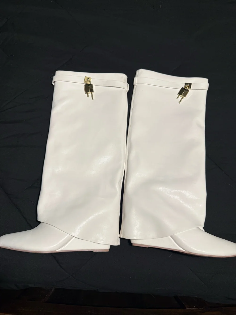 White Knee-High Wedge Boots - Women's Leather Look